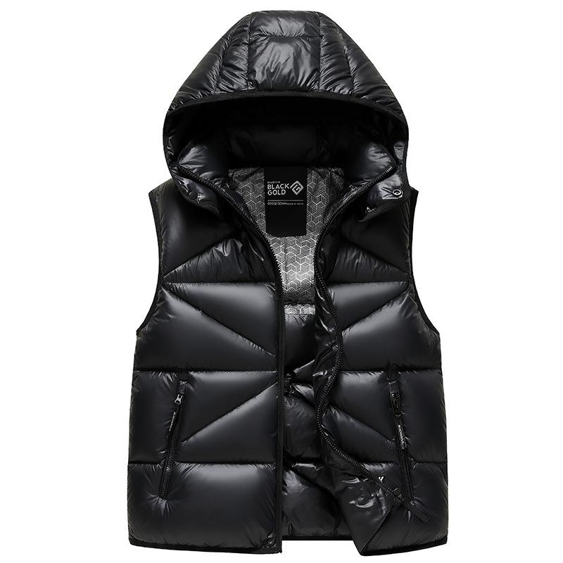 

Осень и зима Мужская и женская однотонная черная Золотая жилетка со съемным капюшоном на утином пуху утолщенная модная теплая жилетка модный пуховый жилет XL чёрный