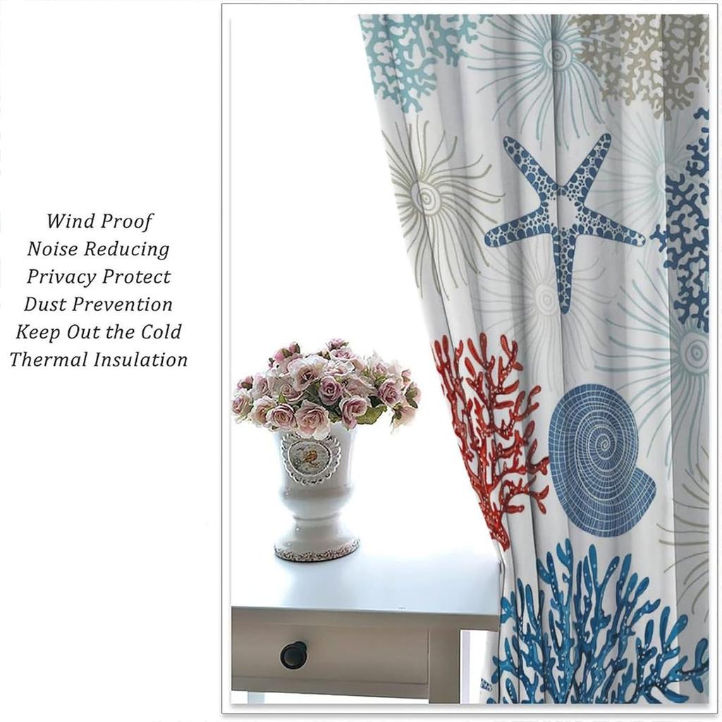 Coastal Window Curtains Nautical Beach Ocean Sea Starfish Seashell Curtain Living Room Bedroom Panels Set Inch Polyester Ideal For