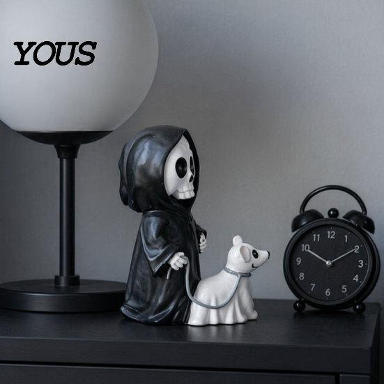 3D Carved Skeleton Decoration Grim Reaper & Ghostly Puppy Resin Figurine, Black Robed with Cute Mini Halloween Figurine 13cm Ghost Dog