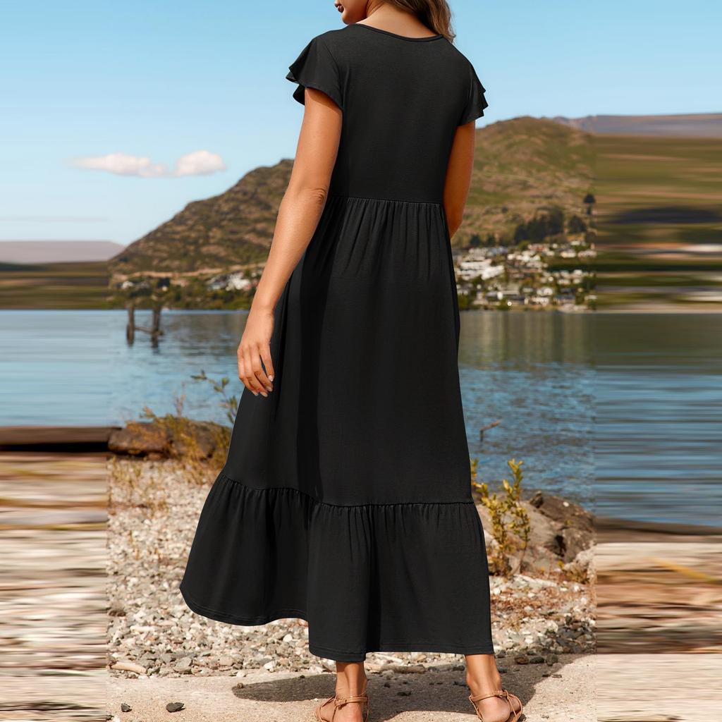 Damskie sukienki koszulowe midi z krótkim rękawem w jednolitym kolorze
