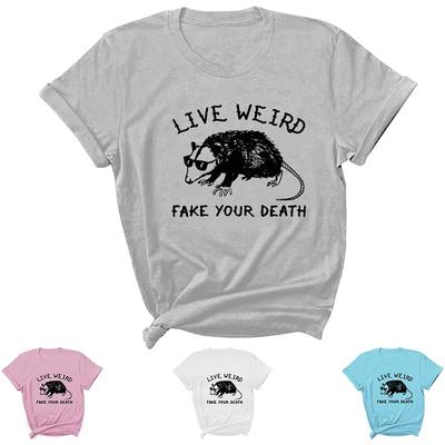 Camiseta Feminina Manga Curta Gola O Estampa de Letras Estranhas Gambá Ao Vivo Camiseta Feminina Solta Camisetas Femininas Roupas