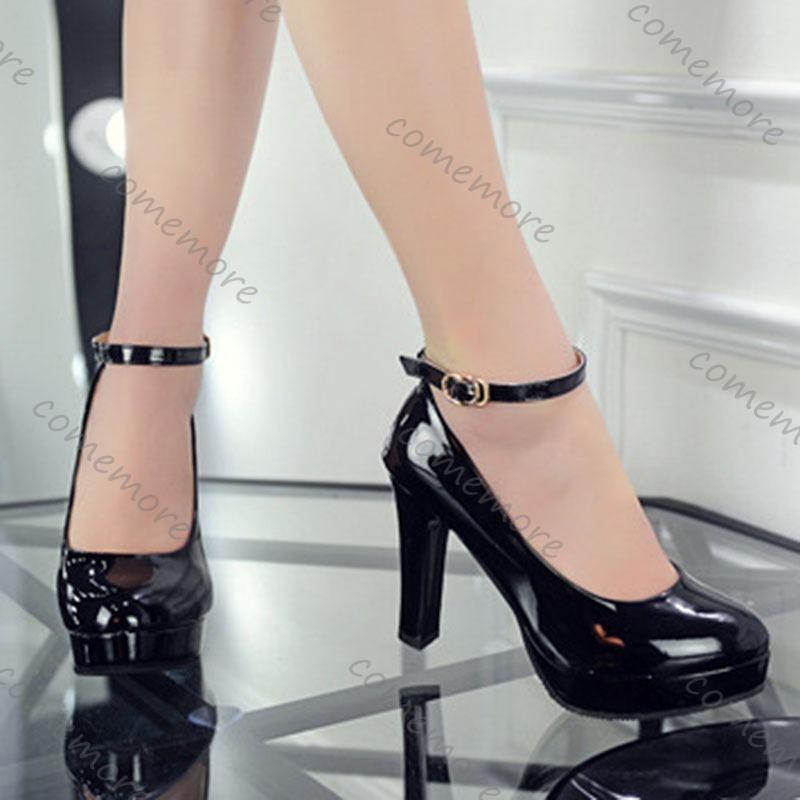 Fashion Comemore Woman Thick Platform Women Party Heeled Shoes Buckle Shallow Shoe Ankle Strap High Heel Patent Leather Women's Pumps