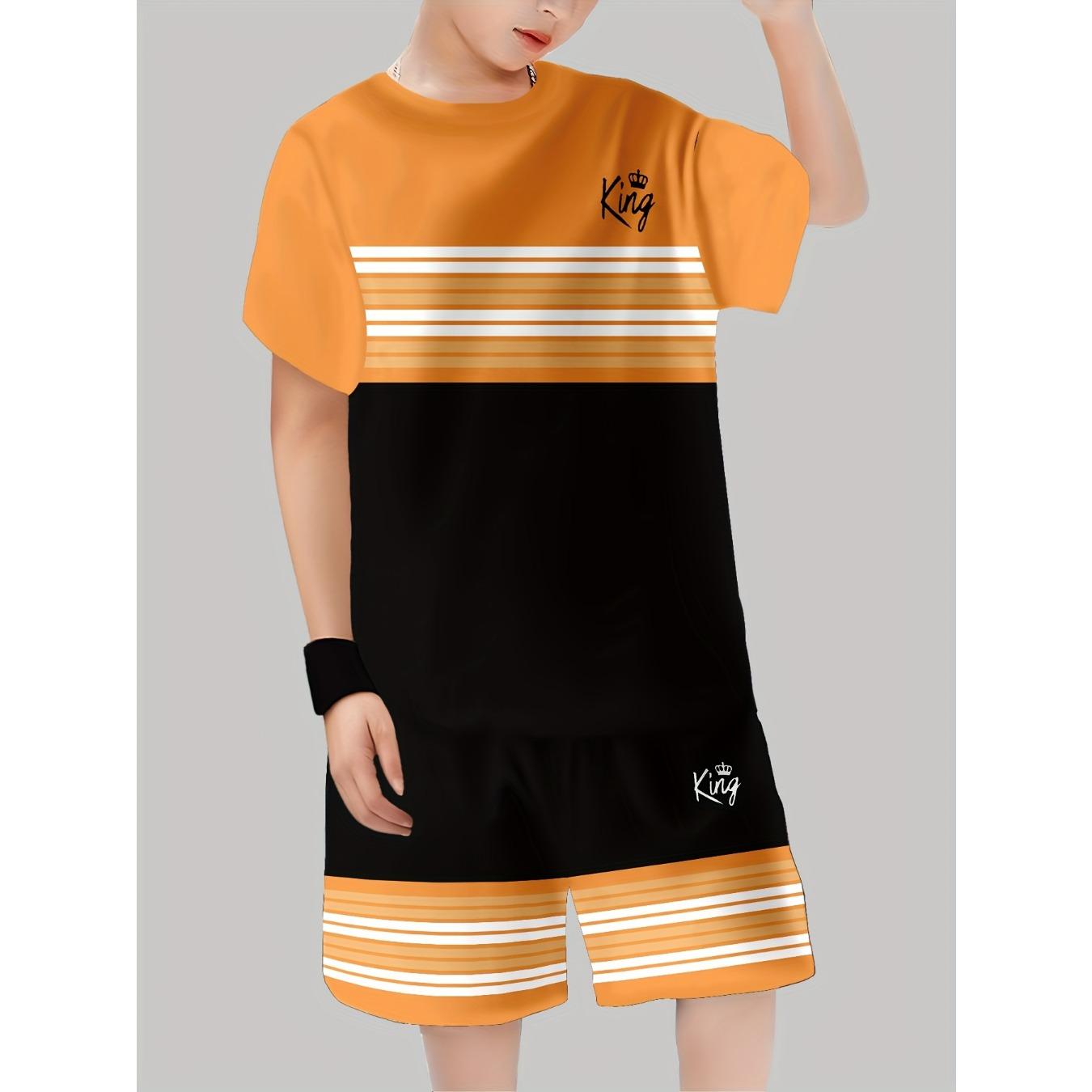 theme, striped letter 3D printed pattern, soft polyester fabric, suitable spring summer casual 5-6Y