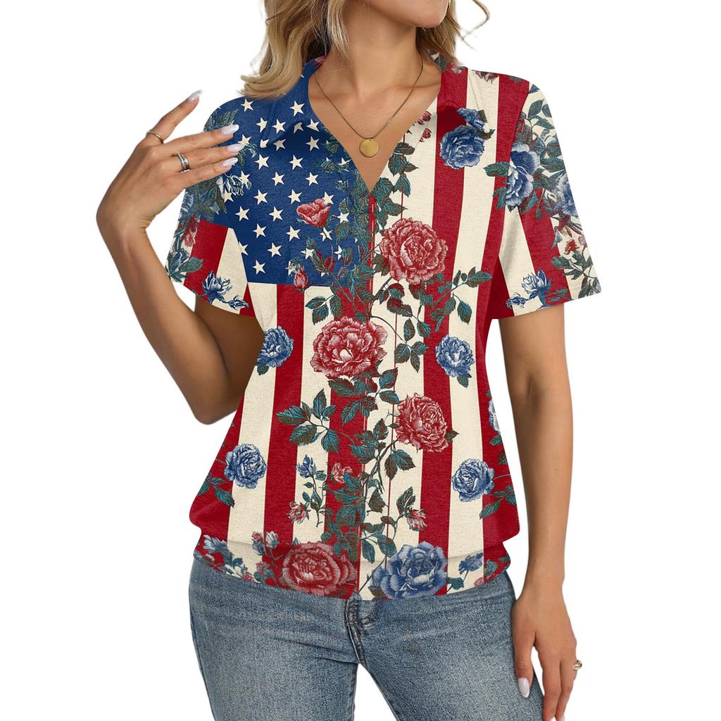 Women's Casual Short Sleeve Polo Shirt with Independence Day Star Print Collar Top Lightweight Summer Tee
