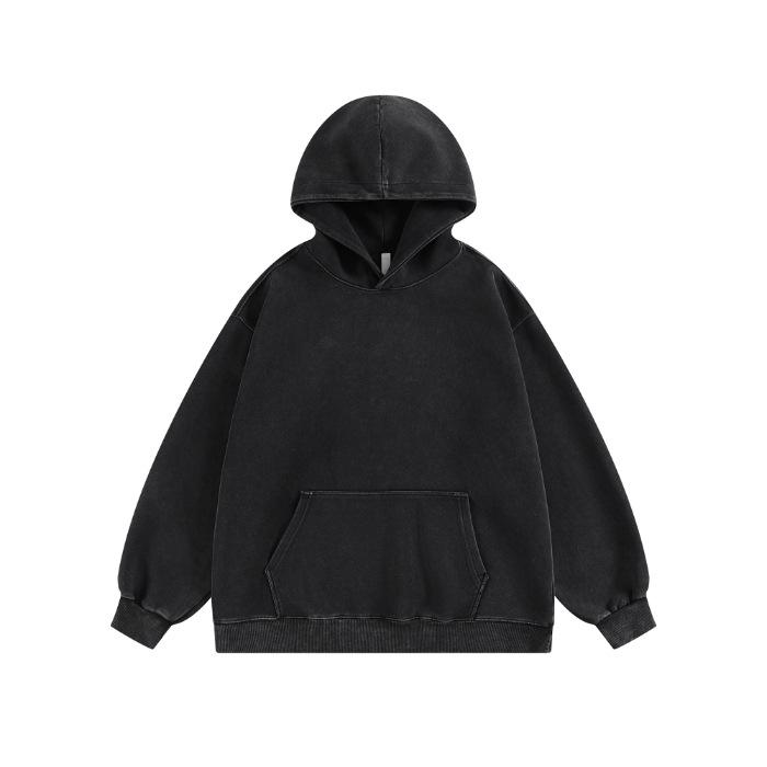 

2025 Autumn/Winter Heavyweight Washed Hooded Unisex Sweatshirt - Trendy Solid Color Pullover for Couples 2XL чорний