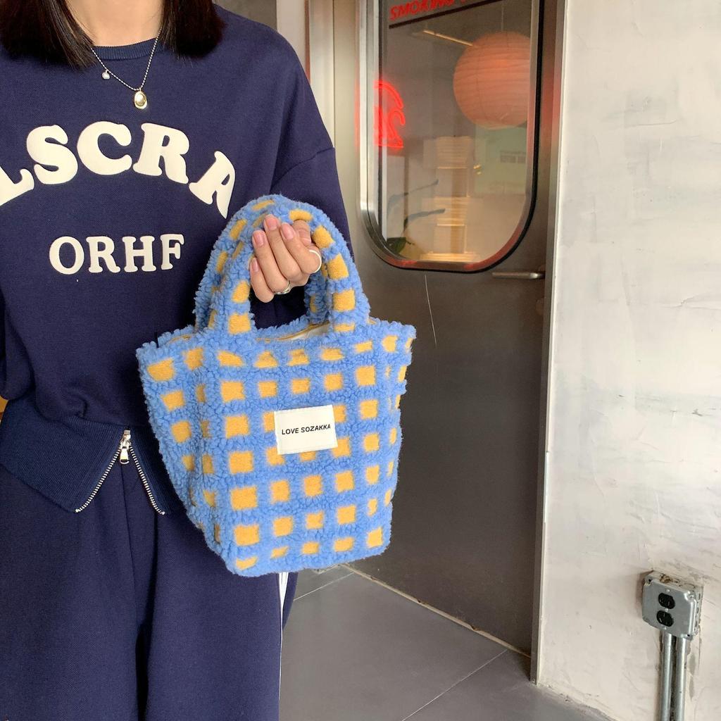 21084 New Lambswool Waffle Handheld Tote - Women's Large Capacity Autumn/Winter Handbag