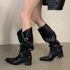 New Winter Black Punk Round Toe Knee-High Women Boots Square Heels Buckle Strap Ladies Booties Shoes