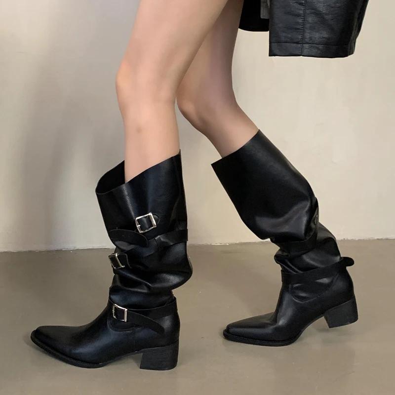 New Winter Black Punk Round Toe Knee-High Women Boots Square Heels Buckle Strap Ladies Booties Shoes