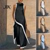 Übergröße Zweiteiliges Set Damen Color Block Baumwolle Leinen Zweiteiliges Outfit Asymmetrischer Saum Anzug Rollkragen Ärmelloses Oberteil Weite Hosen Urlaub Lounge