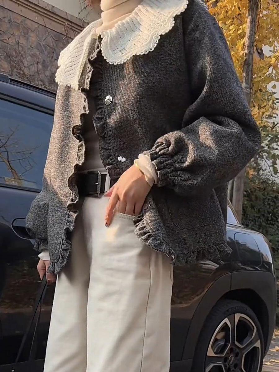 

Small wooden ear edge doll collar jacket women s 2025 winter new loose padded cotton-padded design cotton-padded clothes M серый