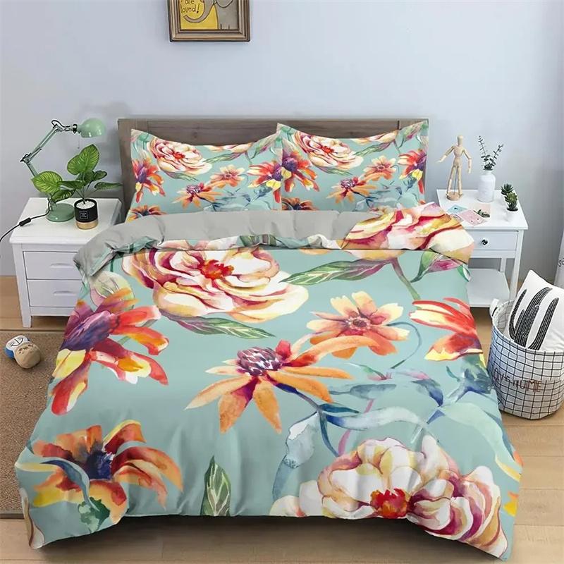 Classic Duvet Cover Sets Flower Blue Gold King,Queen,Full,Twin Double Quilt Covers Pillowcases Bed Linens Bedding Set 260x240cm