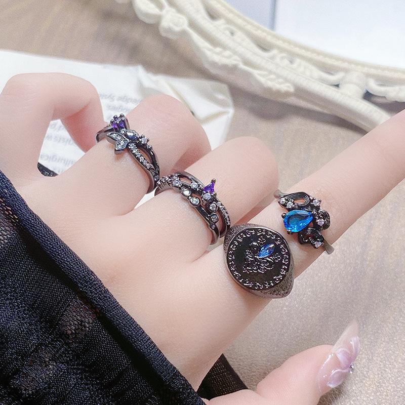Dark Personality Iris Flower Sea Blue Zircon Flower Opening Ring Niche High-End Temperament Punk Stacked Ring