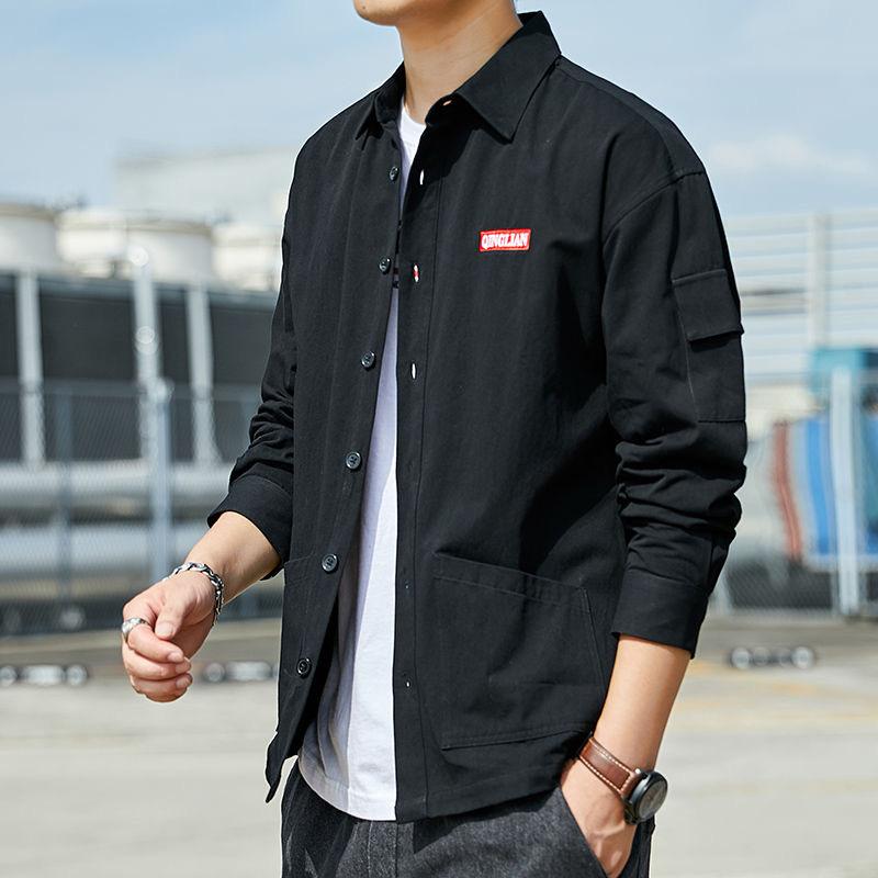 Spring Men's Japanese Trendy Brand Workwear Long-sleeved Washed Cotton Shirts for Teenagers, Students, and Older Children's Men's Clothing