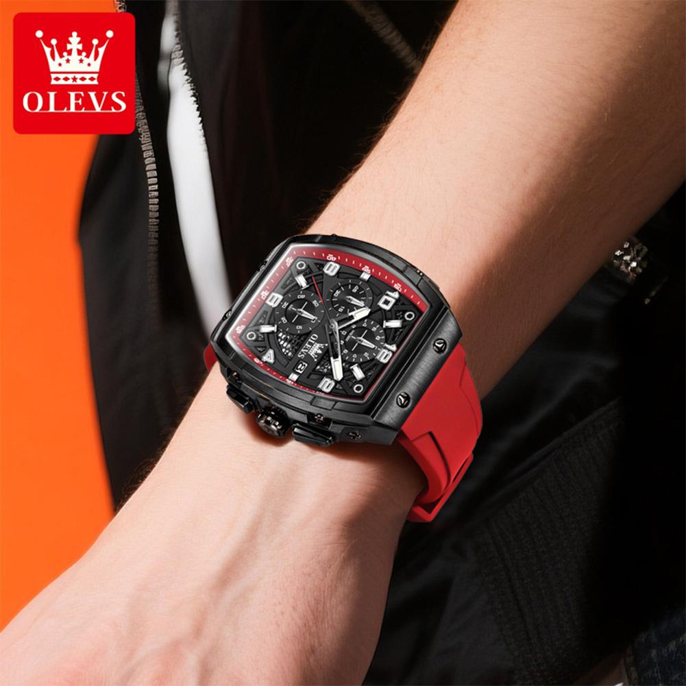 OLEVS Mens Watch Fashion Silicone Strap Tonneau Chronograph Quartz Watch Waterproof Luminous Sports Date Watches Gifts
