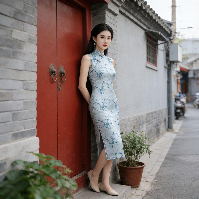 Women Sleeveless Modified Cheongsam, Vintage Floral Chinese Style Midi Qipao Dress, Elegant Formal Split Dress