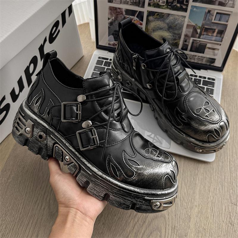 Fashion High Quality Men Leather Shoes Metal Punk Shoes Men Gothic Sneakers Black Street Botas Mujer Botines Unisex Oxford Shoe