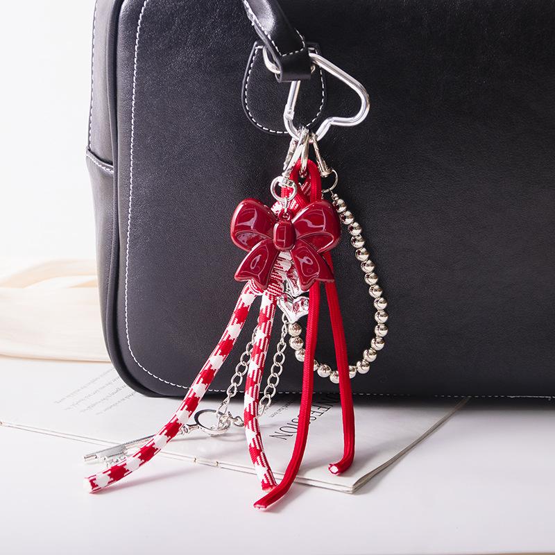 Red And White Plaid Rope Bag Charm With Or Bow Pendant Silver Beaded Chain And Tassel Design For Backpack Decor Daily Use Bag Charm