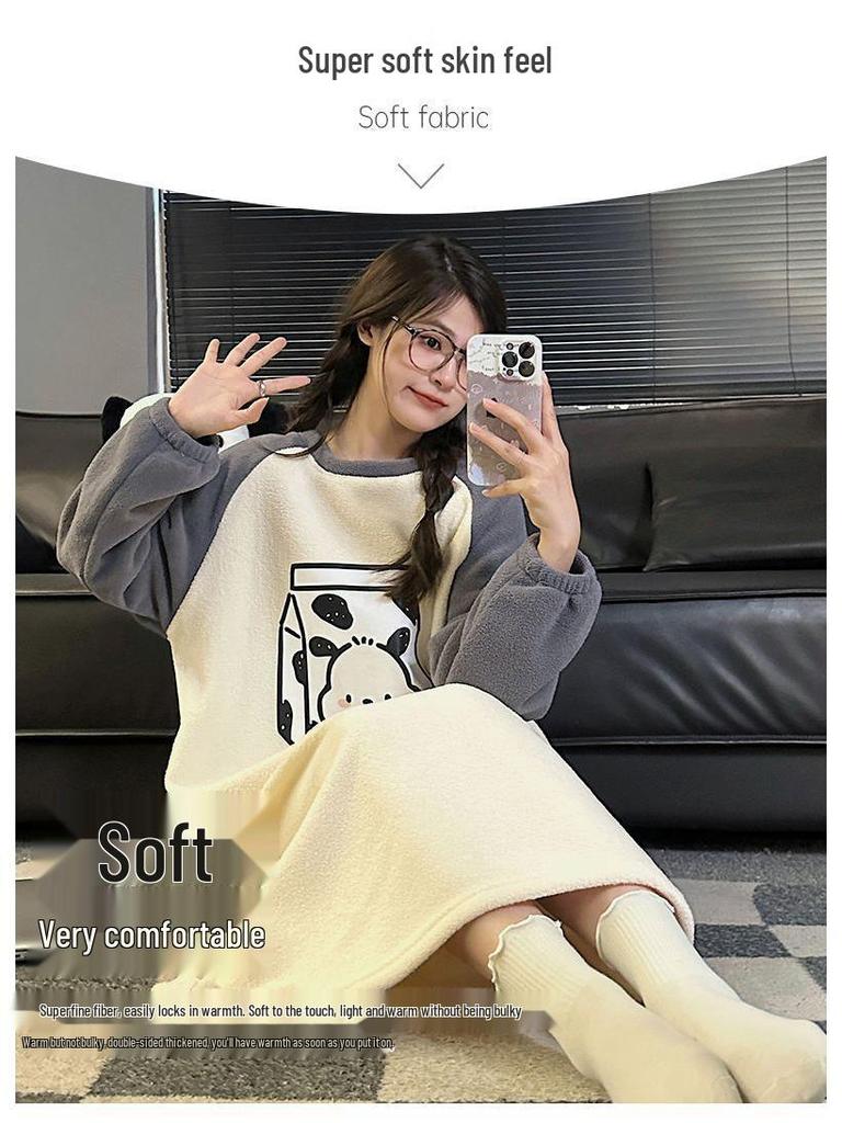 Women's Cartoon Flannel Nightgown – Cute, Cozy, Long Sleeve, Mid-Length Dress for Fall/Winter, Suitable for Home or Outdoors