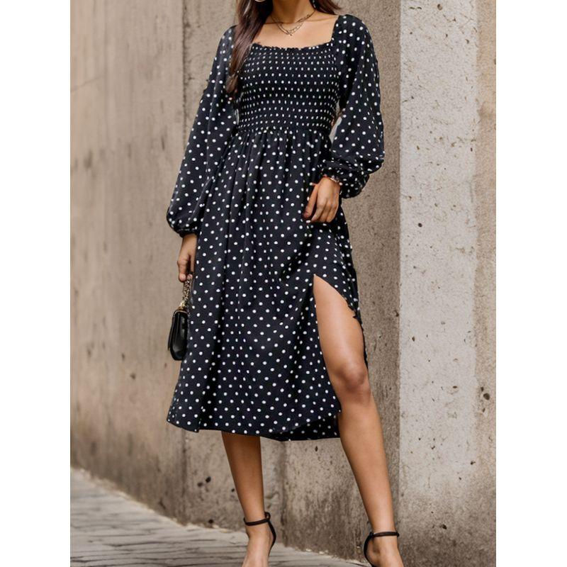 

European and American Spring and Autumn New Square Collar Black Fashion Dots Print Slim fit Slimming Split Long sleeve Mid-Length Dress Black(Figure) 2XL
