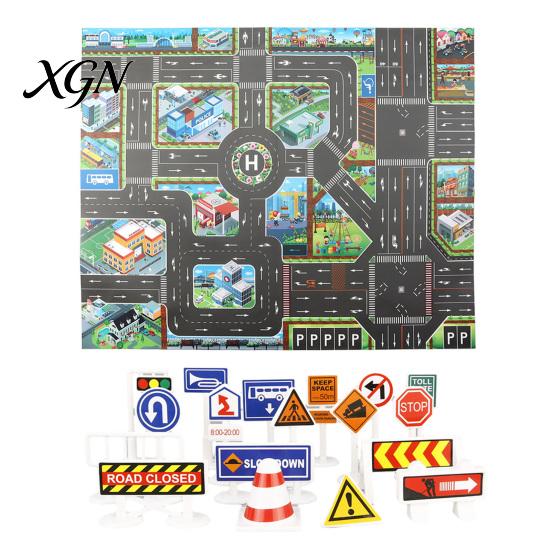 Non Slip Crawling Mat for Babies City Traffic Play Kids, 130x100cm Car Road Scene Toy Foldable Area Rug Toddlers with Signs, PVC Floor Bedroom Nursery