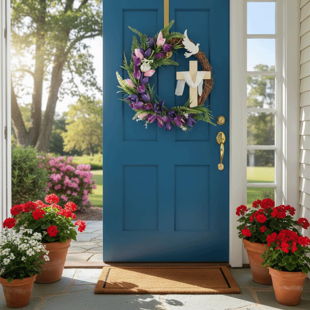 Künstliche Blumen Rattankranz Girlande Künstlicher Türhänger Oster Tulpen Kreuzkranz Feiertagsdekoration