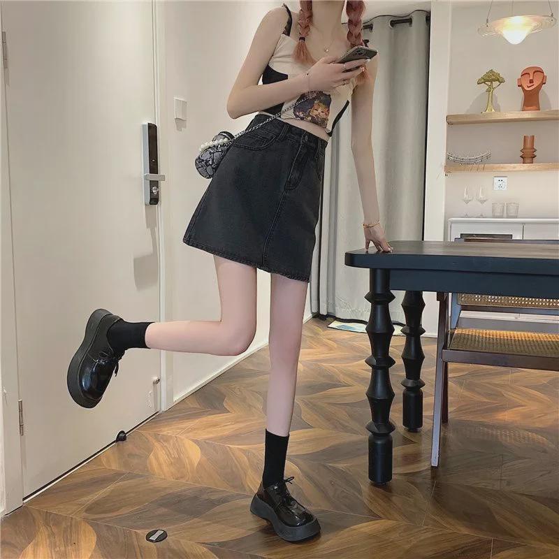 Damen Sommer 2022 High Waist A-Linie Jeansrock - Schwarz & Grau Trendy Hip Style