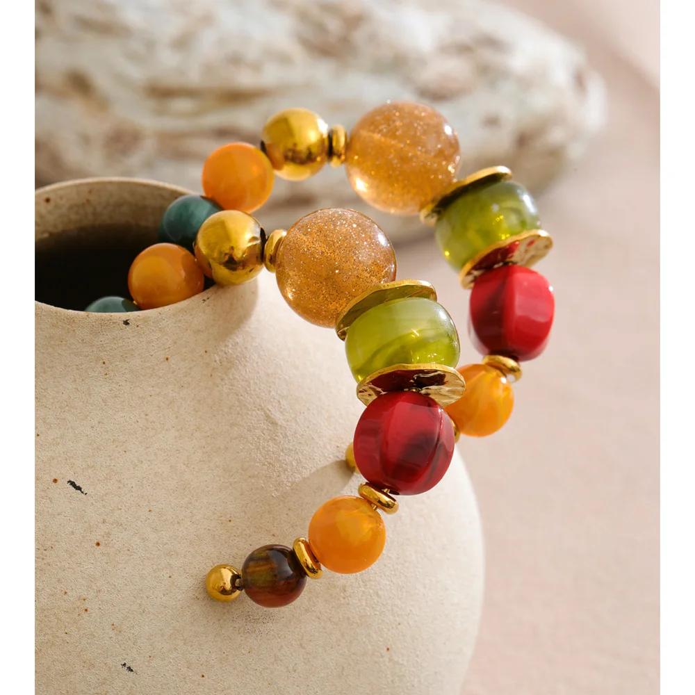 Yhpup French Colorful Acrylic Beads C-Shape Huggie Earrings Tarnish Resistant Stainless Steel Fashion Handmade Charms Jewelry