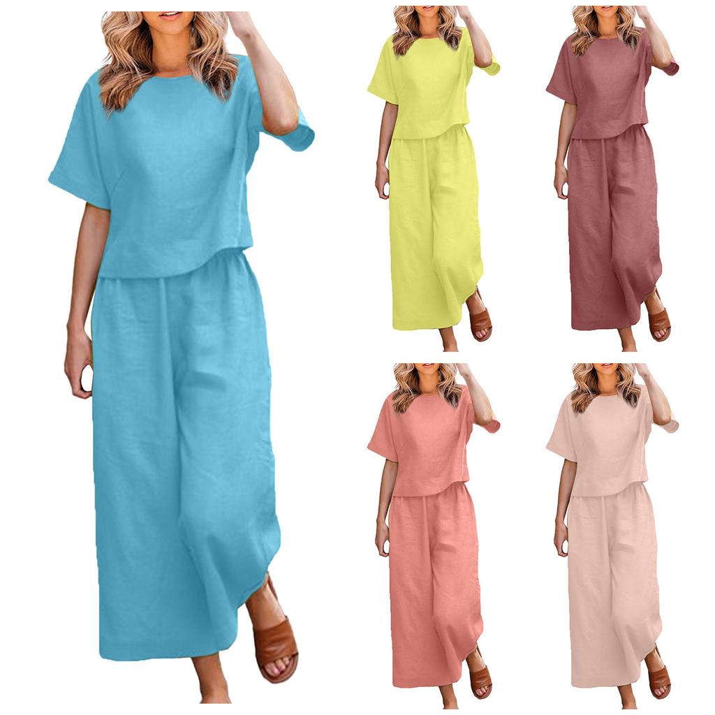 Damen Casual Lang- und Kurzarm-Pullover-Hemd, Rundhalsausschnitt, künstlerischer Retro-Einfarbig-Freizeitanzug