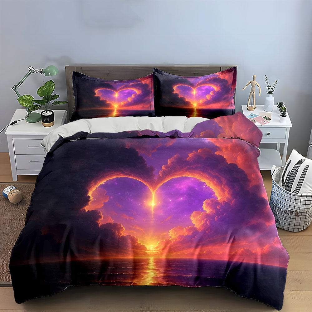 Heart-Shaped Sunset Clouds Bedding Duvet Cover Set (1*Duvet Cover 2*Pillowcases, without duvet insert)