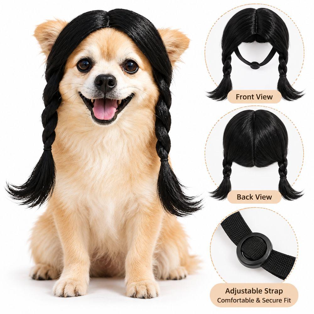Black Twin Tails Pet Costume Wig Brown Curly Pet Hairpiece Funny Dog Wig  Festival Dress-Up
