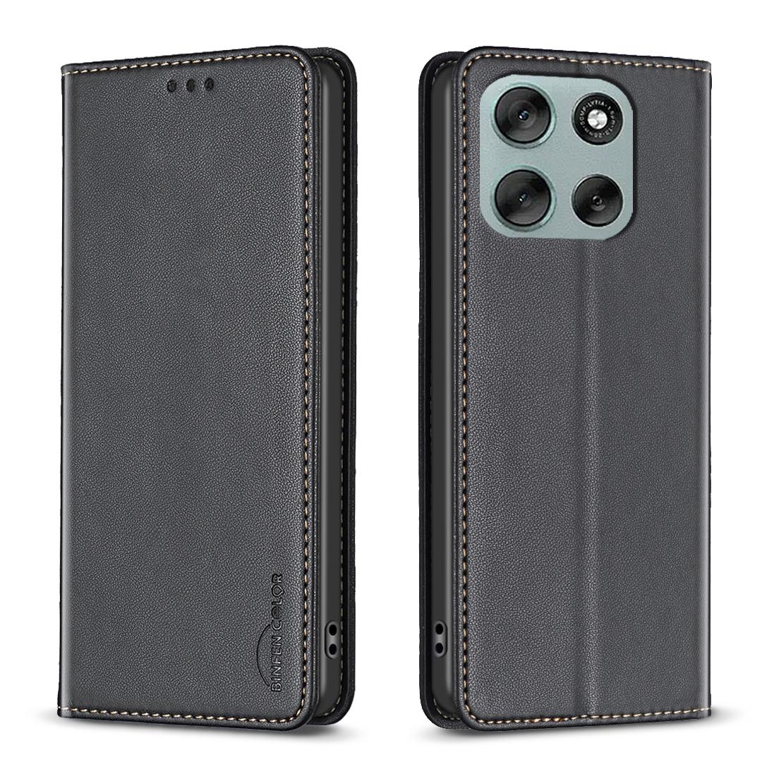 

For Motorola Moto G56 5G Leather Case BINFEN COLOR BF18 Phone Stand Cover with Card Slots Black