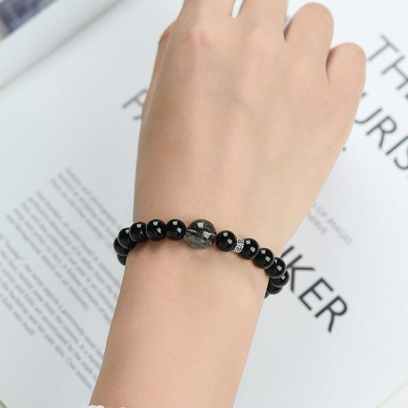 Natural Obsidian Bracelet Men Women Black Crystal Beaded Wristband Couple Gift