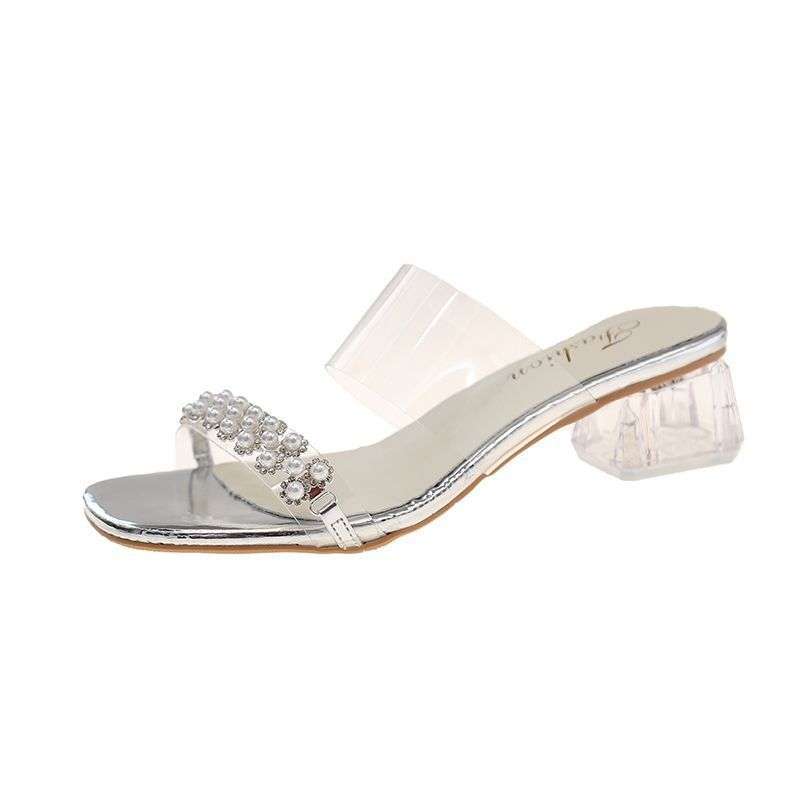 Transparent Sandals Women's High Heels Summer 2025 New Middle Heel Fashion Crystal Thick Heel Outer Wear Rhinestone Cool Slippers