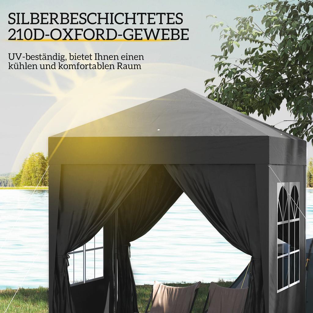 Faltpavillon, Biergartenpavillon, 4 abnehmbare Seitenwände, 2 Fenster, Metallgestell, 2 x 2 m, Schwarz