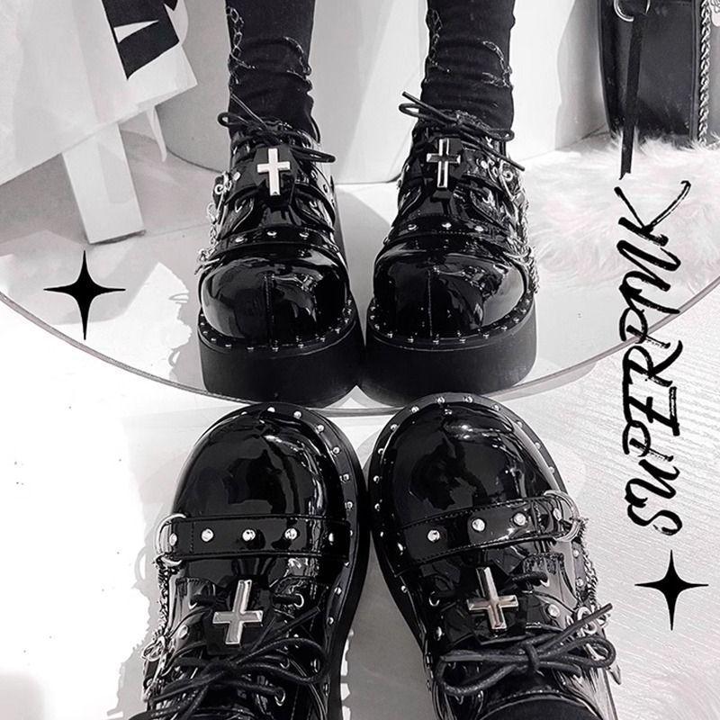 Niche Design Women's Thick-Soled Platform Shoes - 2025 Spring Punk Gothic Leather