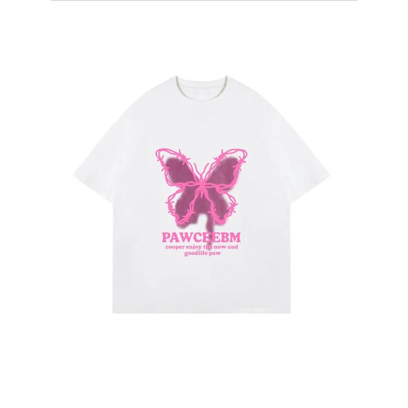 Weißes Oversized T-Shirt mit rosa Schmetterlings- und Pawceebm-Textdruck für Freizeitkleidung