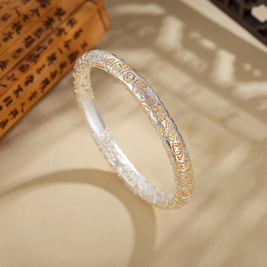 Silver-Plated Fortune Cat Bangle: Peace & Joy Fu Character Bracelet