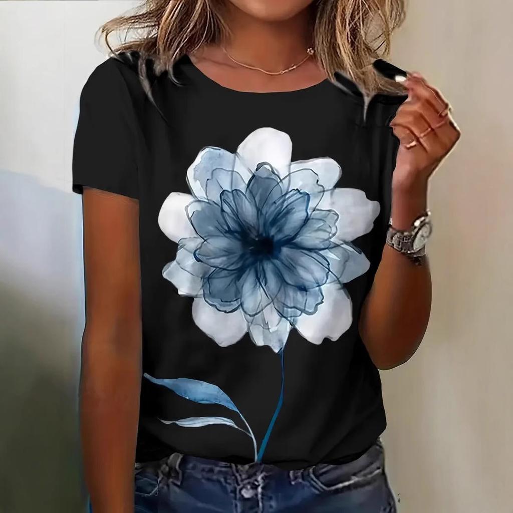 Womens' Retro 3D Floral Print Blue and White Watercolor Flower Short Sleeved Summer T-shirt