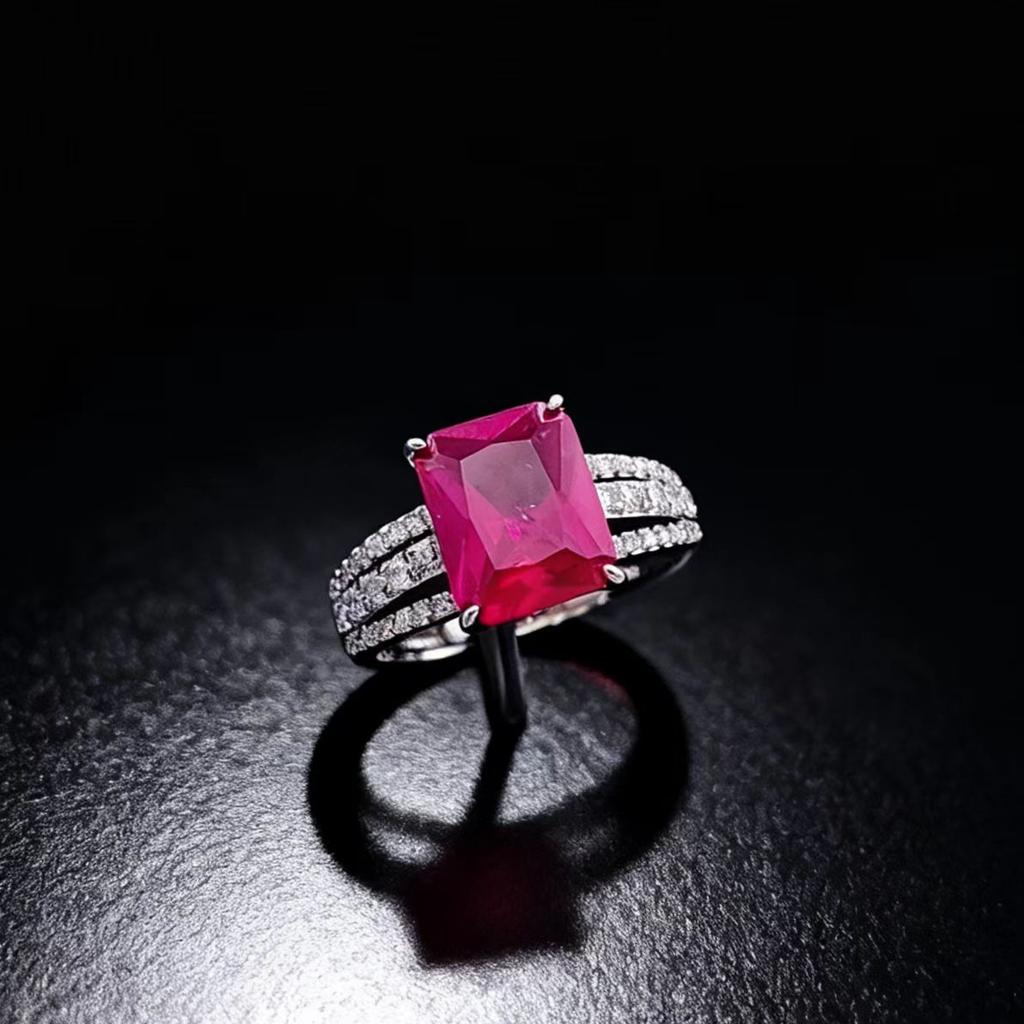 Jewelry Four-Claw Rectangle Cultivated Emerald Ruby Ring Set With 8 * 10 High Carbon Diamond Color Treasure Ring