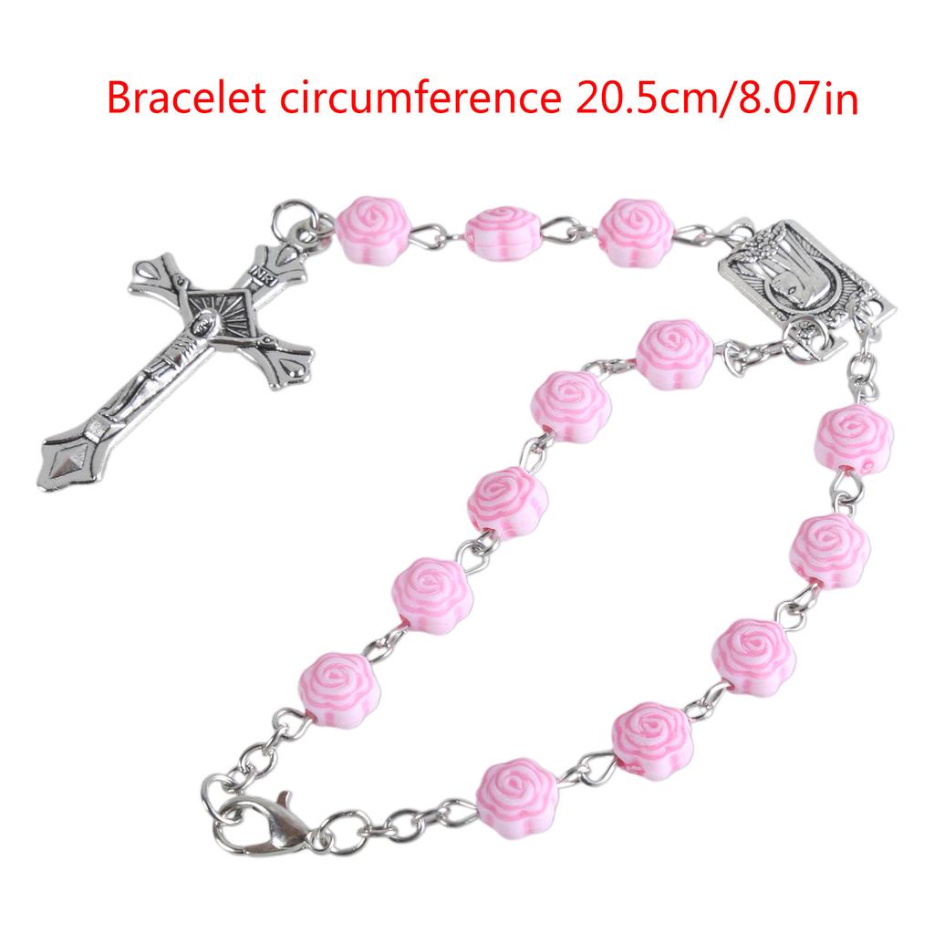 Elegant Crosses Pendant Wrist Chain Delicate Pink Rose Flower Hand Chain Beautiful Beads Hand String Chain Jewelry