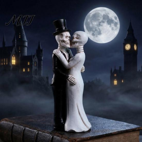 Unique Skeleton Collectible Kissing Couple Figurine Wedding Skull Bride And Groom Sculpture Day Small Statue of The Dead Gothic Resin for Halloween