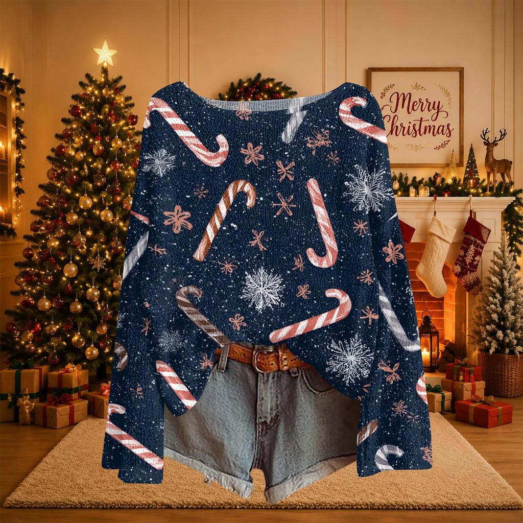 Women's Christmas Print Lightweight Knit Sweater Long Sleeve Casual Pullover Top
