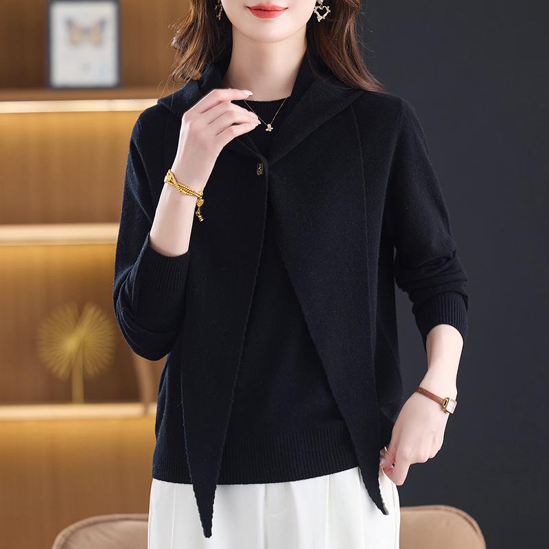 

2025 Autumn/Winter Wool Knit Sweater & Shawl Set for Middle-Aged and Elderly Women 120 (60-70 kg) чорний