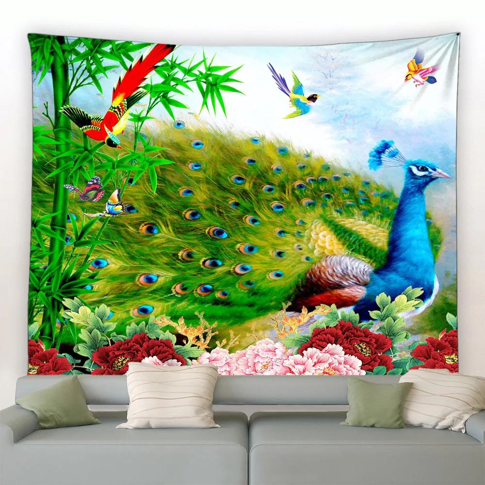 Cute Peacock Tapestry Peony Flower Butterfly Bird Wall Hanging Chinese Landscape Painting Tapestry for Living Room Bedroom Decor