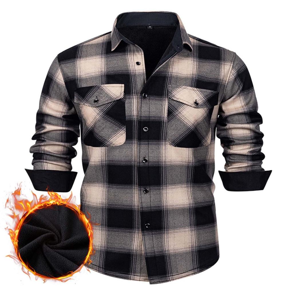 Men's Casual And Trendy Checked Button Cardigan, Men's Lapel Long-sleeved Inner Fleece Warm Coat