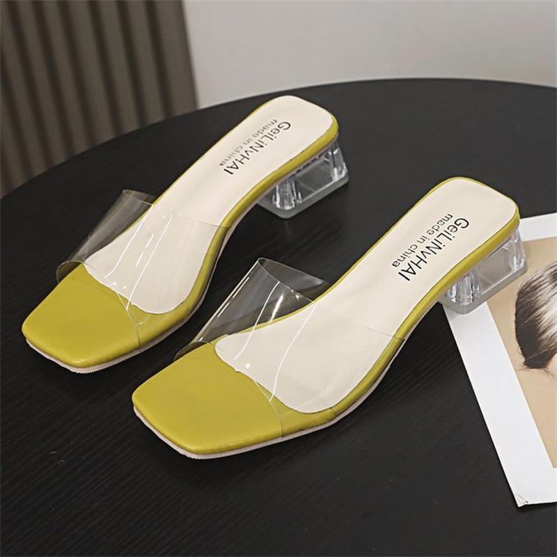 Thick Heel Spring and Summer New Female Cool Slippers Fairy Fashion Transparent Fashion Outer Wear Crystal Square Head Word Female Slippers
