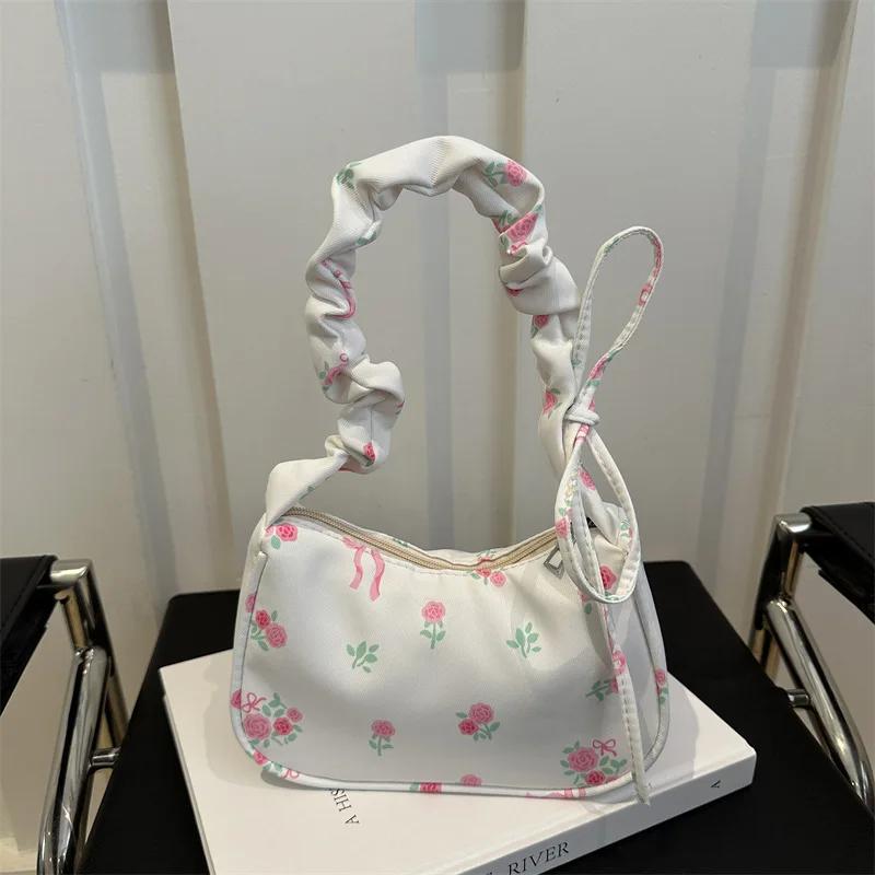 Lovely Flowers Print Shoulder Bags for Women Sweet Floral Ladies Underarm Bag Pleated Strap Female Handbags Small Clutch Purse