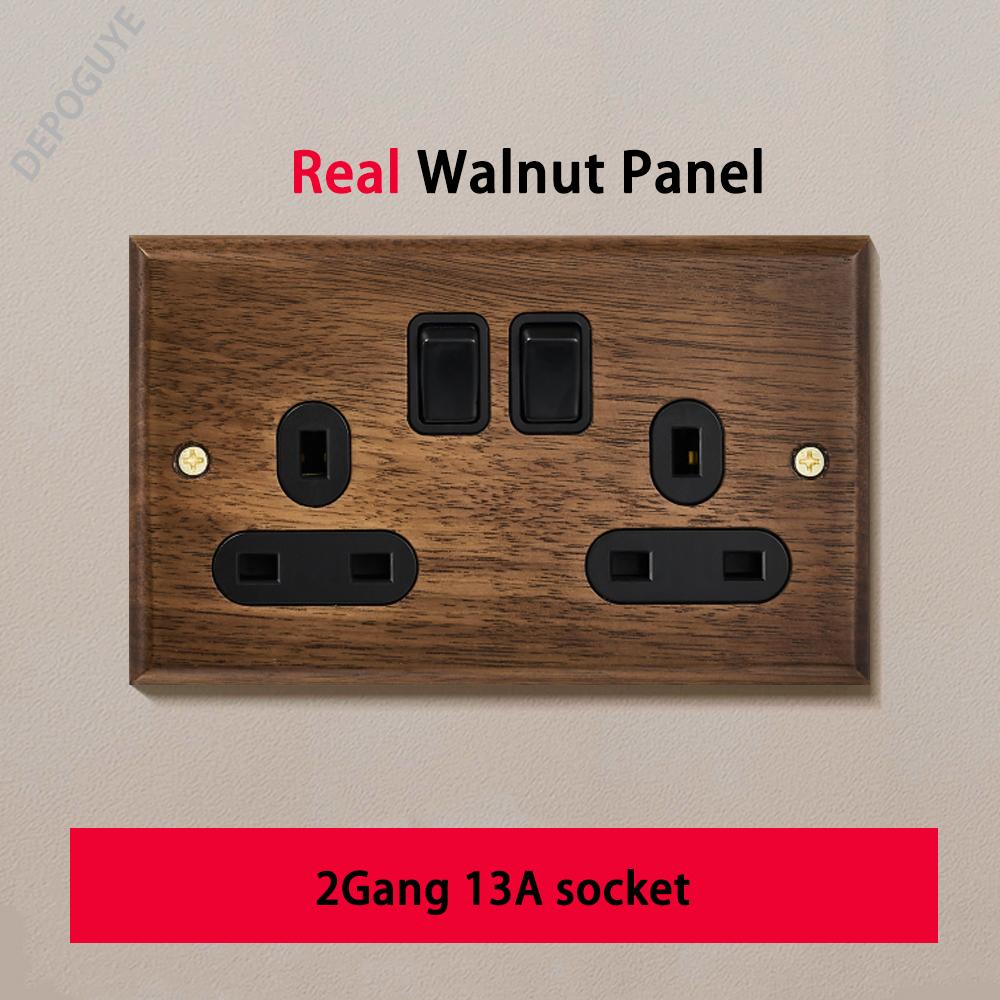 Black Retro Walnut Wall Toggle Switch Panel 1-4Gang 2Way Solid Wood Double EU/FR Socket Universal Usb C Electrical Power Outlet