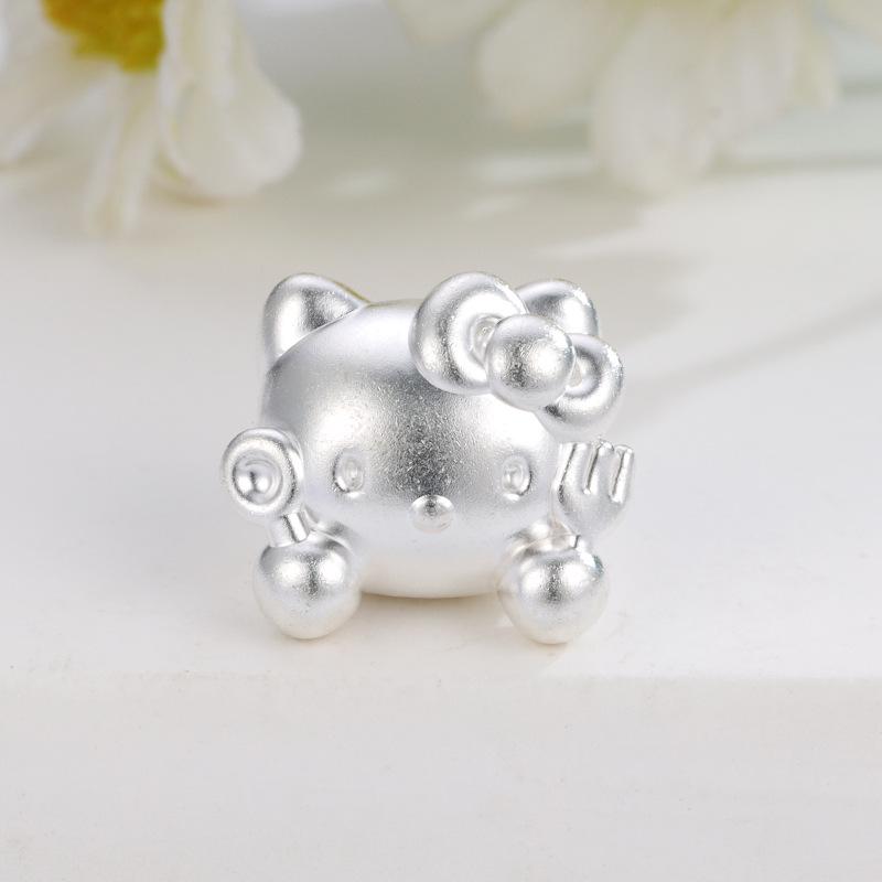 Sterling Silver 999 Hello Kitty Head Knife & Fork DIY Beading Pure Silver KT Cat Lucky Bead Accessories