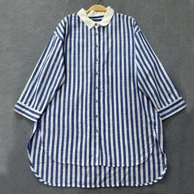Camisas Casuais Longas Listradas Contrastantes de Manga Comprida Femininas Algodão Camisa Irregular com Gola Pontuda Outono